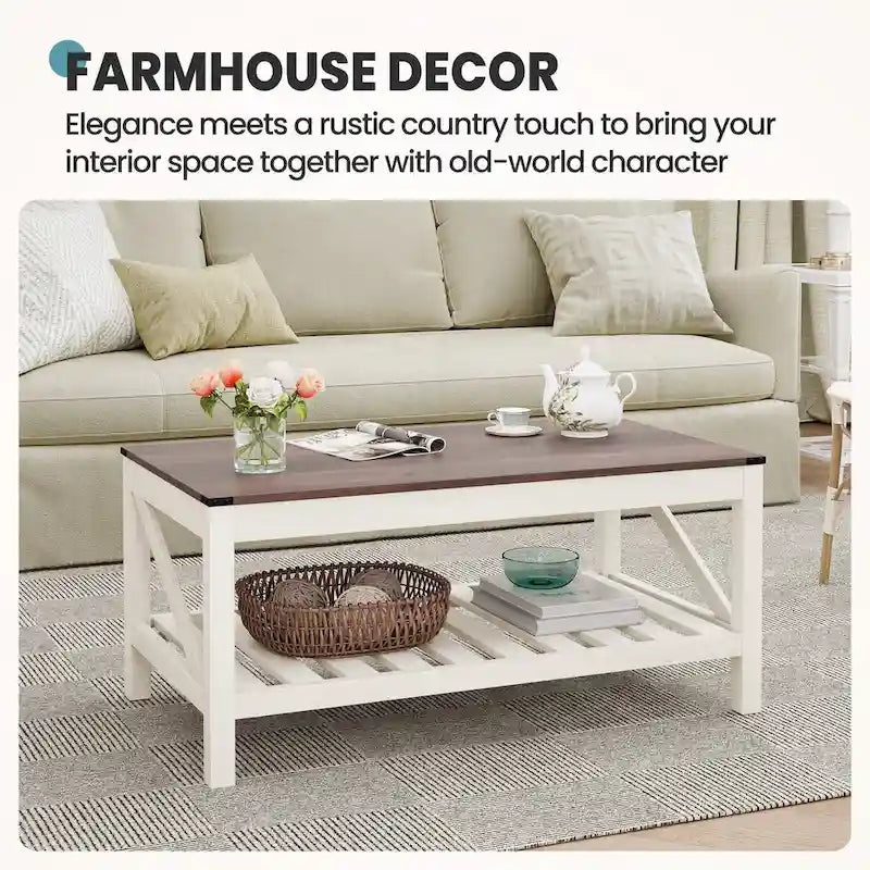 Table basse de style ferme avec étagère de rangement – Gris délavé / Noir / Blanc marron, 2 à 4 places