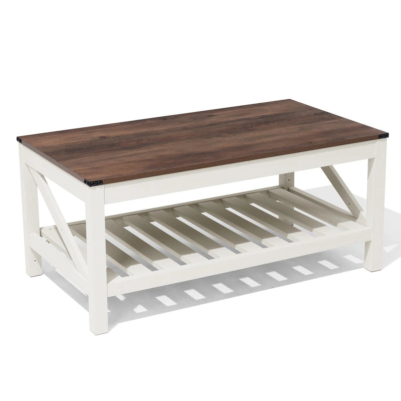 Table basse de style ferme avec étagère de rangement – Gris délavé / Noir / Blanc marron, 2 à 4 places