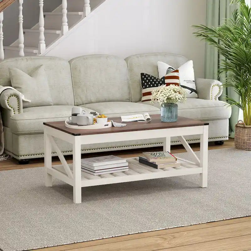 Table basse de style ferme avec étagère de rangement – Gris délavé / Noir / Blanc marron, 2 à 4 places