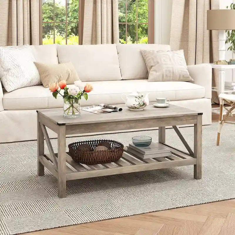 Table basse de style ferme avec étagère de rangement – Gris délavé / Noir / Blanc marron, 2 à 4 places