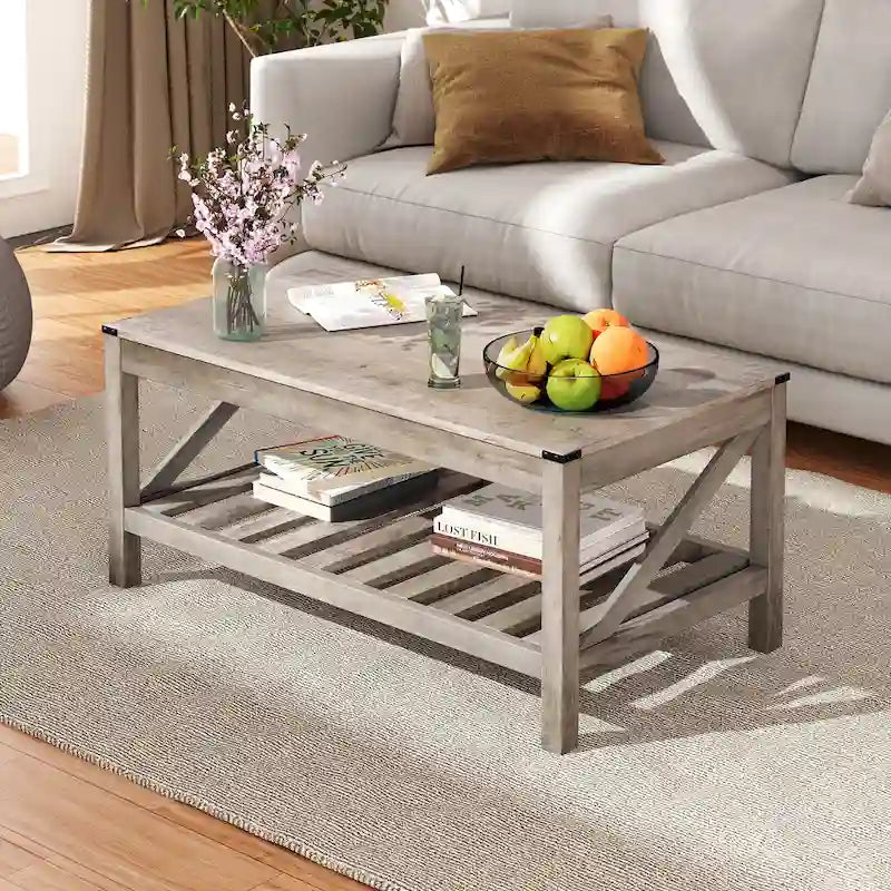 Table basse de style ferme avec étagère de rangement – Gris délavé / Noir / Blanc marron, 2 à 4 places