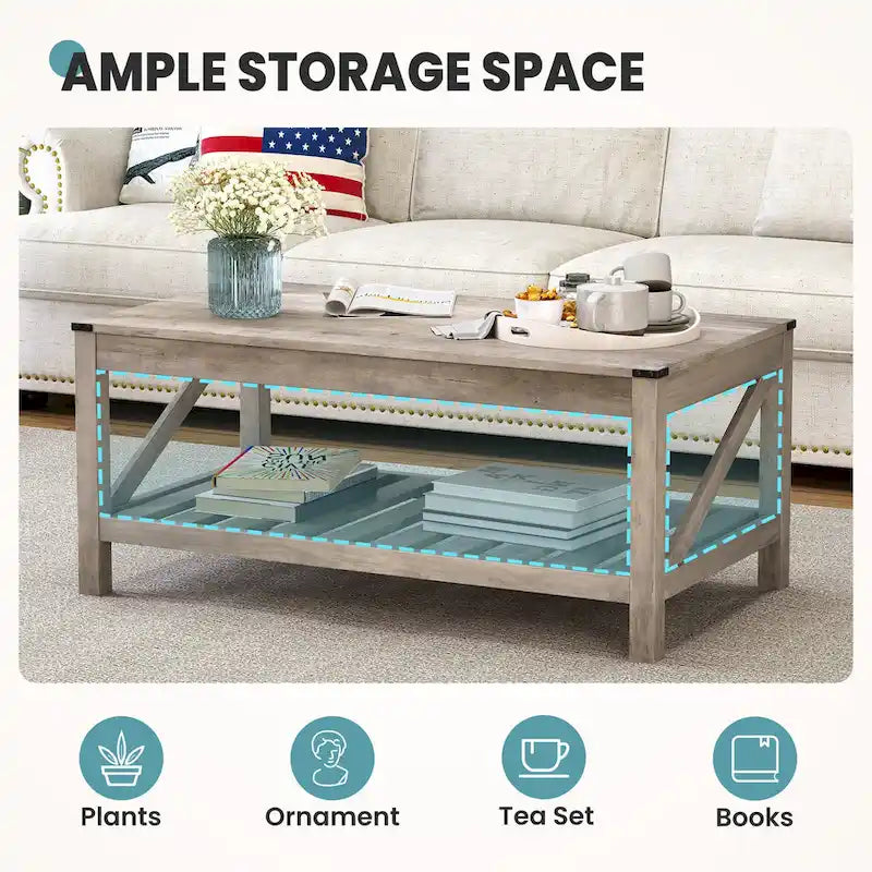 Table basse de style ferme avec étagère de rangement – Gris délavé / Noir / Blanc marron, 2 à 4 places