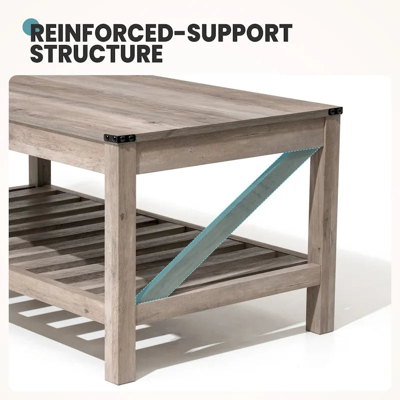 Table basse de style ferme avec étagère de rangement – Gris délavé / Noir / Blanc marron, 2 à 4 places