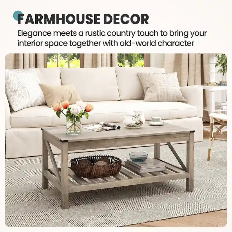 Table basse de style ferme avec étagère de rangement – Gris délavé / Noir / Blanc marron, 2 à 4 places