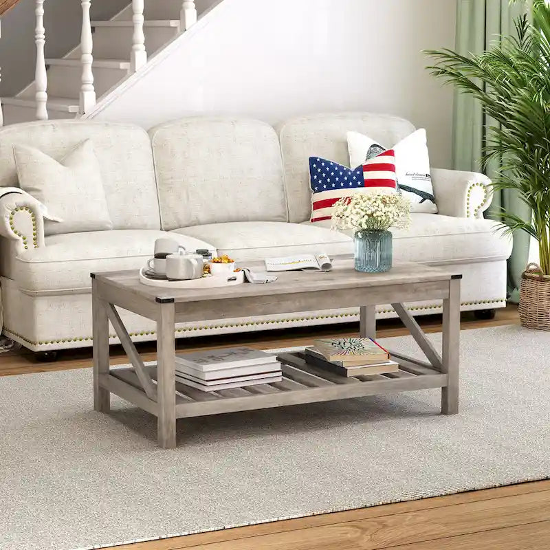 Table basse de style ferme avec étagère de rangement – Gris délavé / Noir / Blanc marron, 2 à 4 places