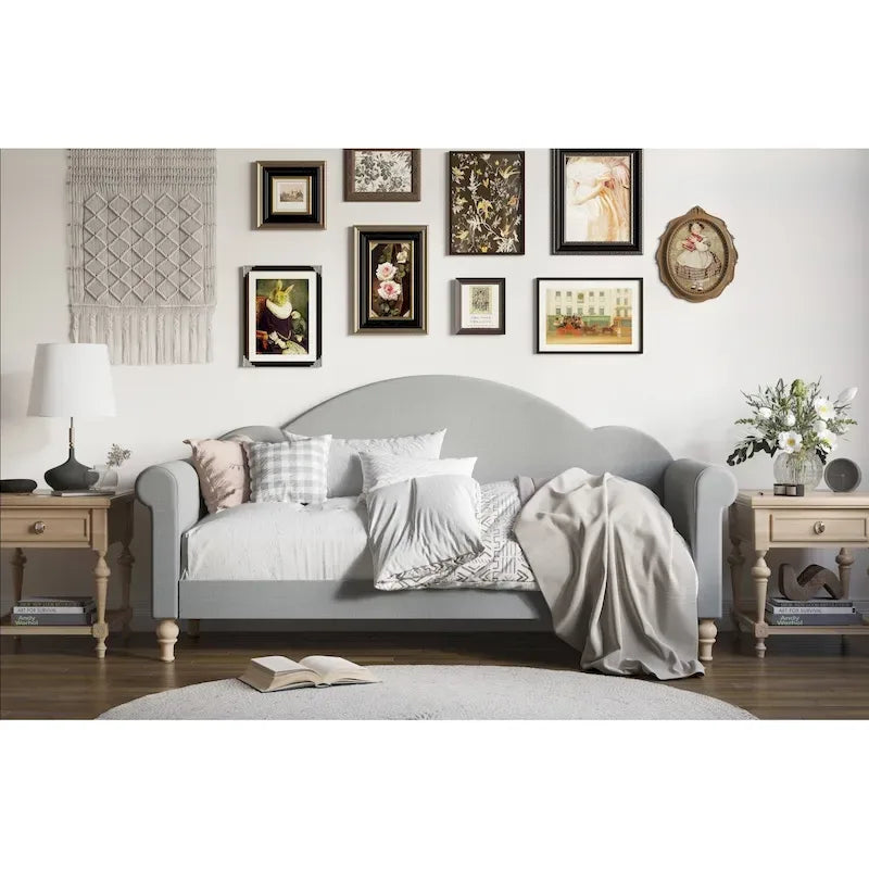 Lit de repos double rembourré gris/beige/noir – Accoudoirs roulés, une place