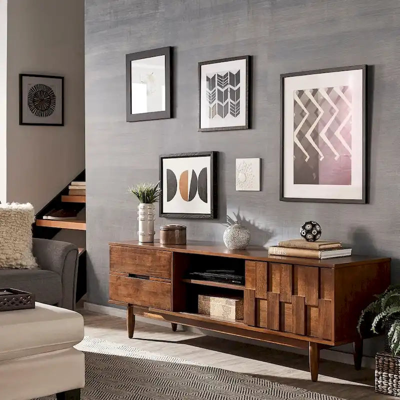 Meuble TV 2 tiroirs style Mid-Century – Finition Tabac / Gris Anthracite Clair