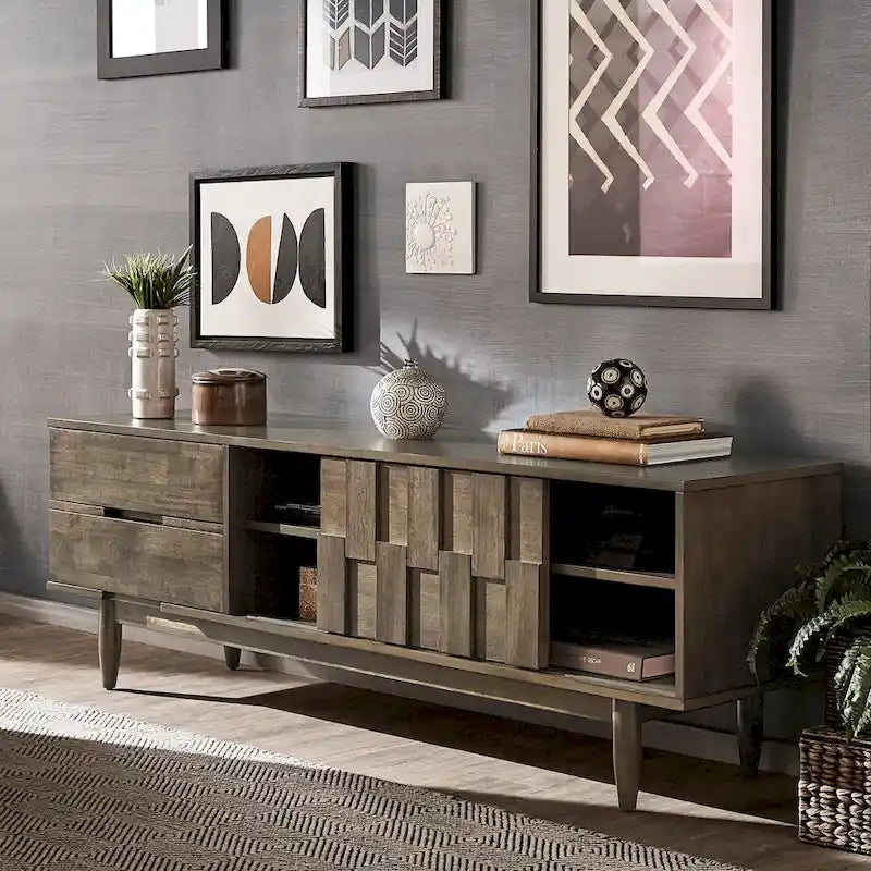 Meuble TV 2 tiroirs style Mid-Century – Finition Tabac / Gris Anthracite Clair