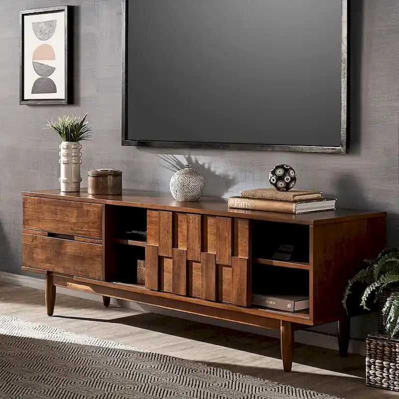 Meuble TV 2 tiroirs style Mid-Century – Finition Tabac / Gris Anthracite Clair