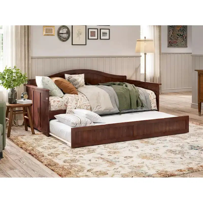 Lit de repos jumeau avec lit gigogne, bois massif, blanc / noyer / gris / caramel clair, 2 couchages