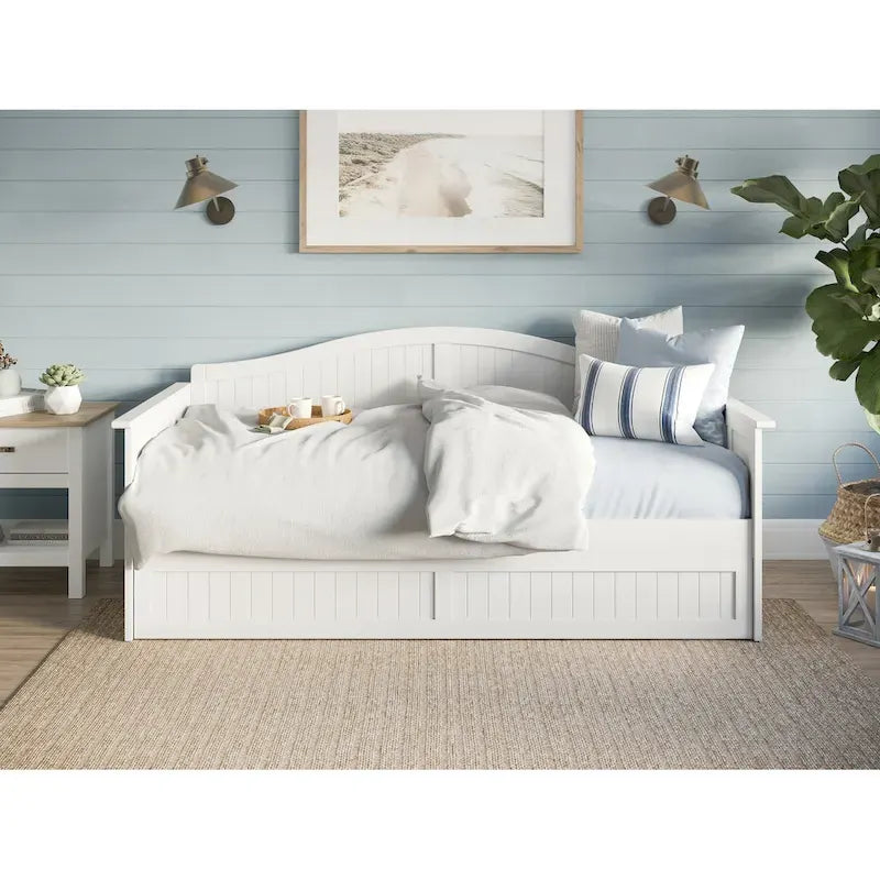 Lit de repos jumeau avec lit gigogne, bois massif, blanc / noyer / gris / caramel clair, 2 couchages