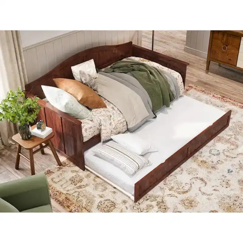 Lit de repos jumeau avec lit gigogne, bois massif, blanc / noyer / gris / caramel clair, 2 couchages
