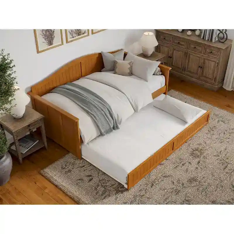 Lit de repos jumeau avec lit gigogne, bois massif, blanc / noyer / gris / caramel clair, 2 couchages