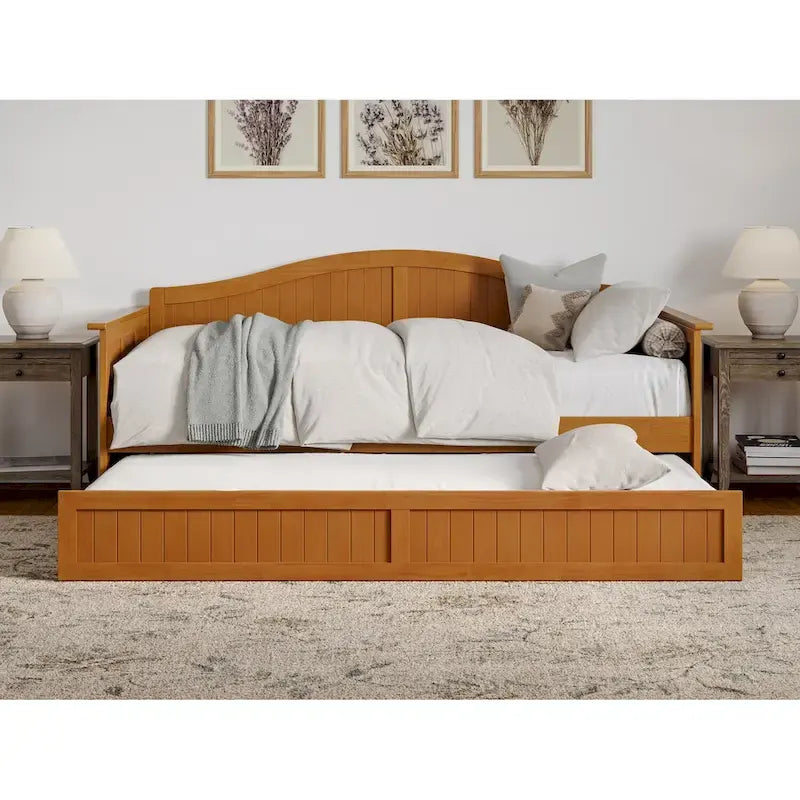Lit de repos jumeau avec lit gigogne, bois massif, blanc / noyer / gris / caramel clair, 2 couchages