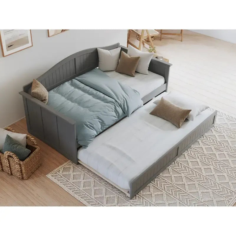 Lit de repos jumeau avec lit gigogne, bois massif, blanc / noyer / gris / caramel clair, 2 couchages