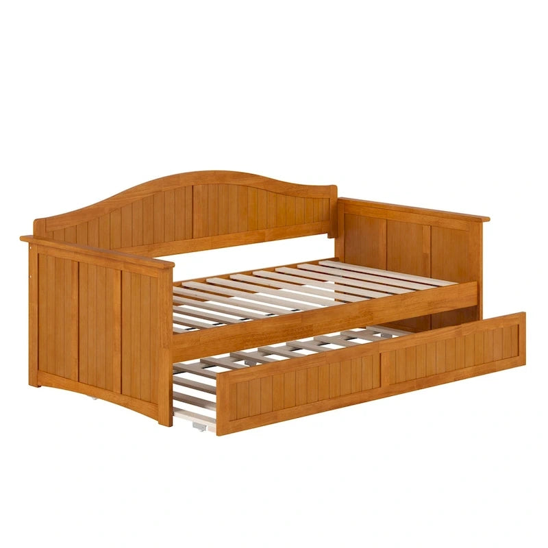 Lit de repos jumeau avec lit gigogne, bois massif, blanc / noyer / gris / caramel clair, 2 couchages