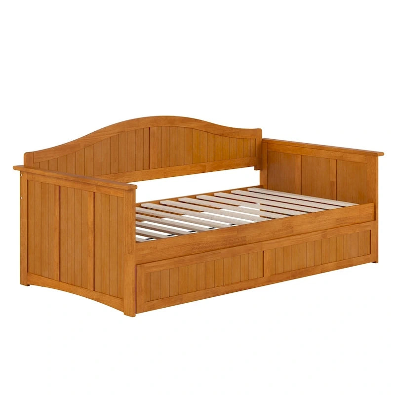 Lit de repos jumeau avec lit gigogne, bois massif, blanc / noyer / gris / caramel clair, 2 couchages