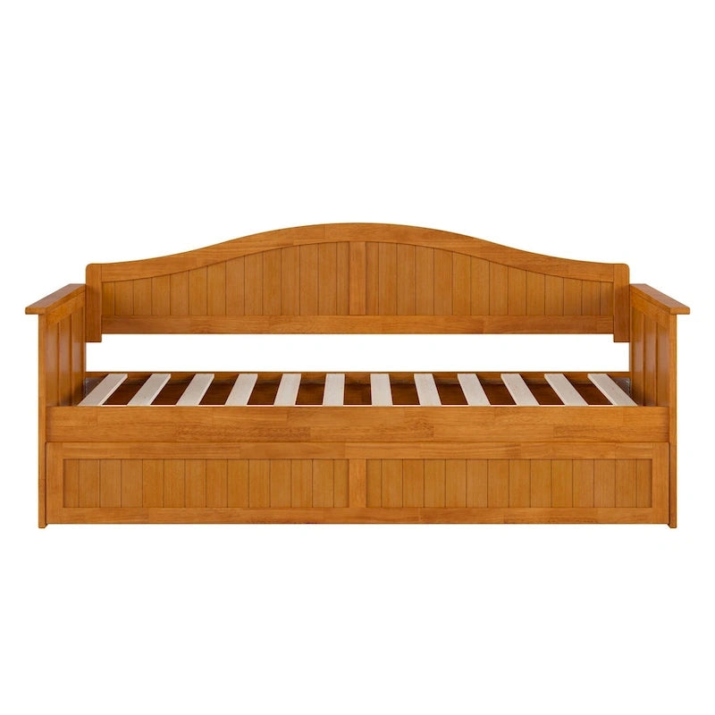 Lit de repos jumeau avec lit gigogne, bois massif, blanc / noyer / gris / caramel clair, 2 couchages