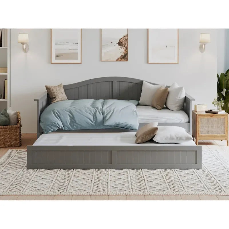 Lit de repos jumeau avec lit gigogne, bois massif, blanc / noyer / gris / caramel clair, 2 couchages