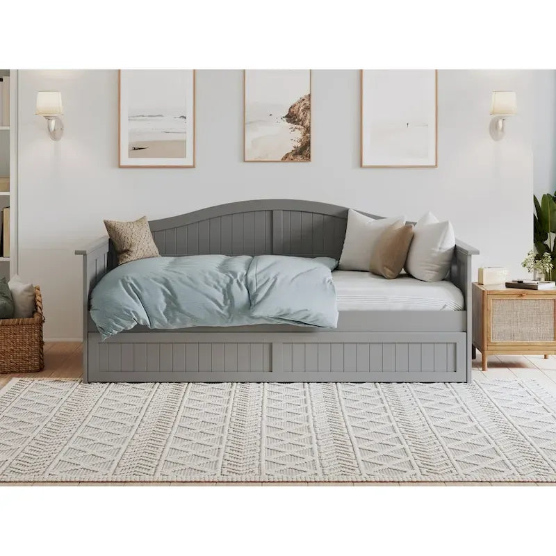 Lit de repos jumeau avec lit gigogne, bois massif, blanc / noyer / gris / caramel clair, 2 couchages