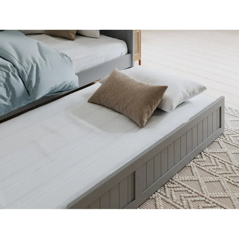 Lit de repos jumeau avec lit gigogne, bois massif, blanc / noyer / gris / caramel clair, 2 couchages