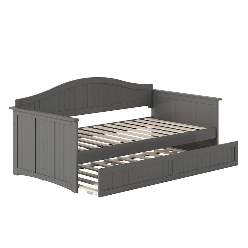Lit de repos jumeau avec lit gigogne, bois massif, blanc / noyer / gris / caramel clair, 2 couchages