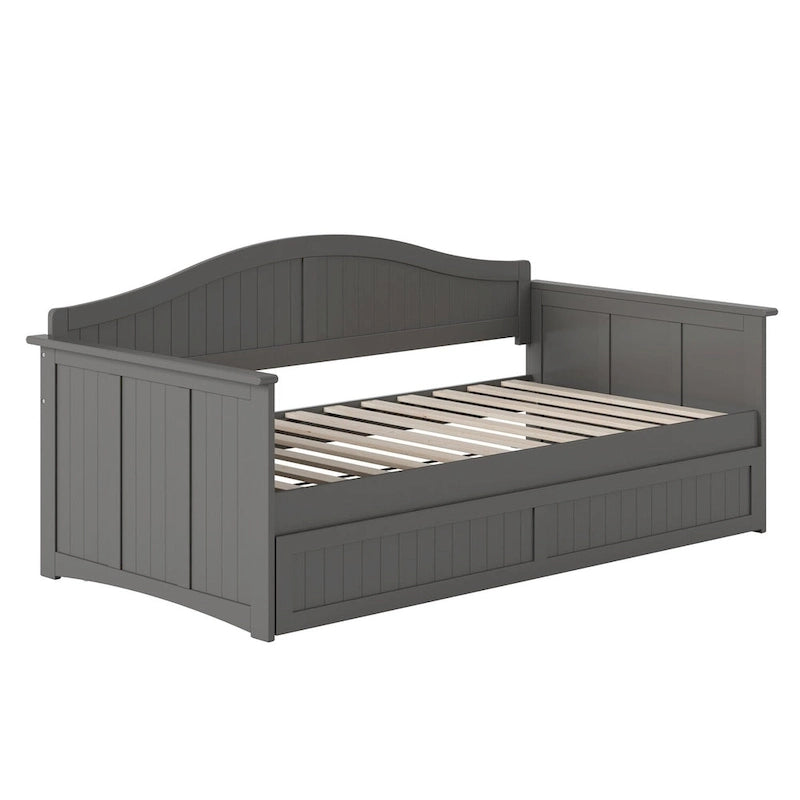 Lit de repos jumeau avec lit gigogne, bois massif, blanc / noyer / gris / caramel clair, 2 couchages