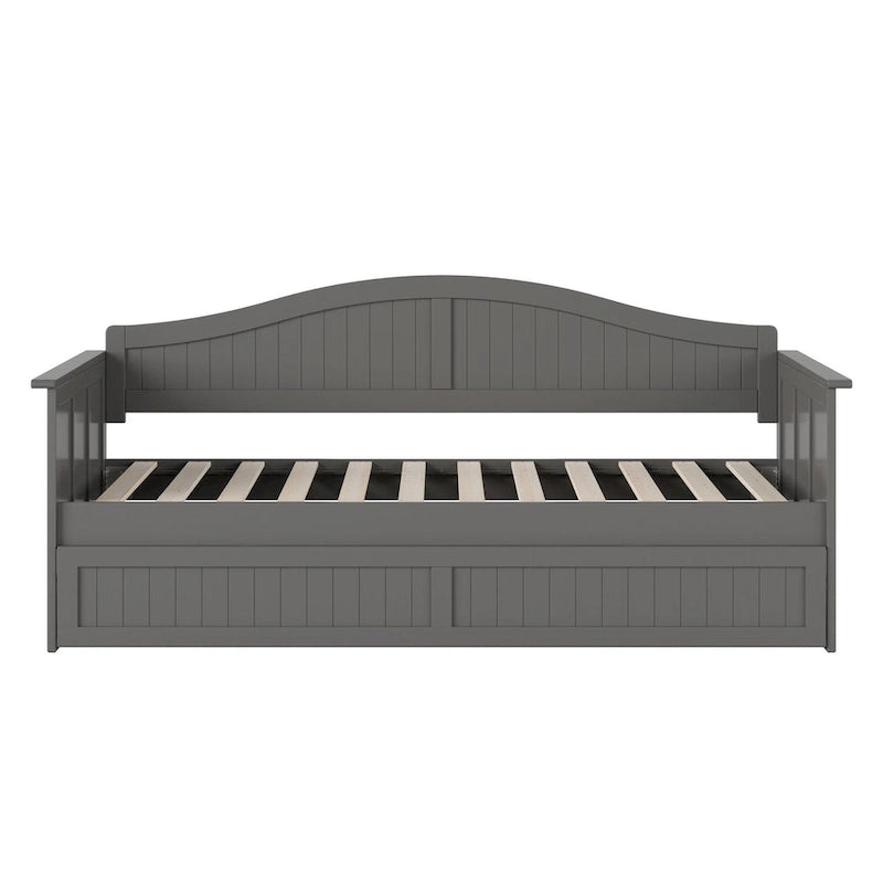 Lit de repos jumeau avec lit gigogne, bois massif, blanc / noyer / gris / caramel clair, 2 couchages