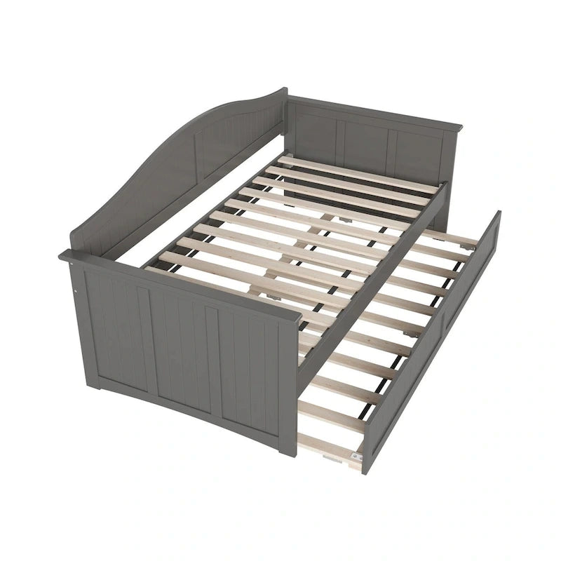 Lit de repos jumeau avec lit gigogne, bois massif, blanc / noyer / gris / caramel clair, 2 couchages