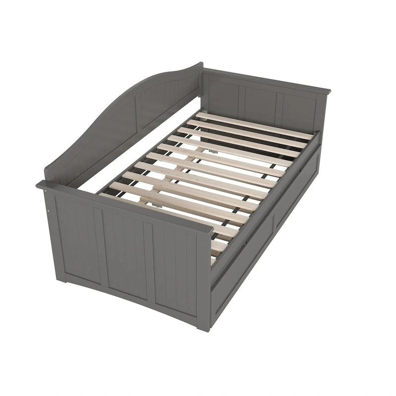 Lit de repos jumeau avec lit gigogne, bois massif, blanc / noyer / gris / caramel clair, 2 couchages