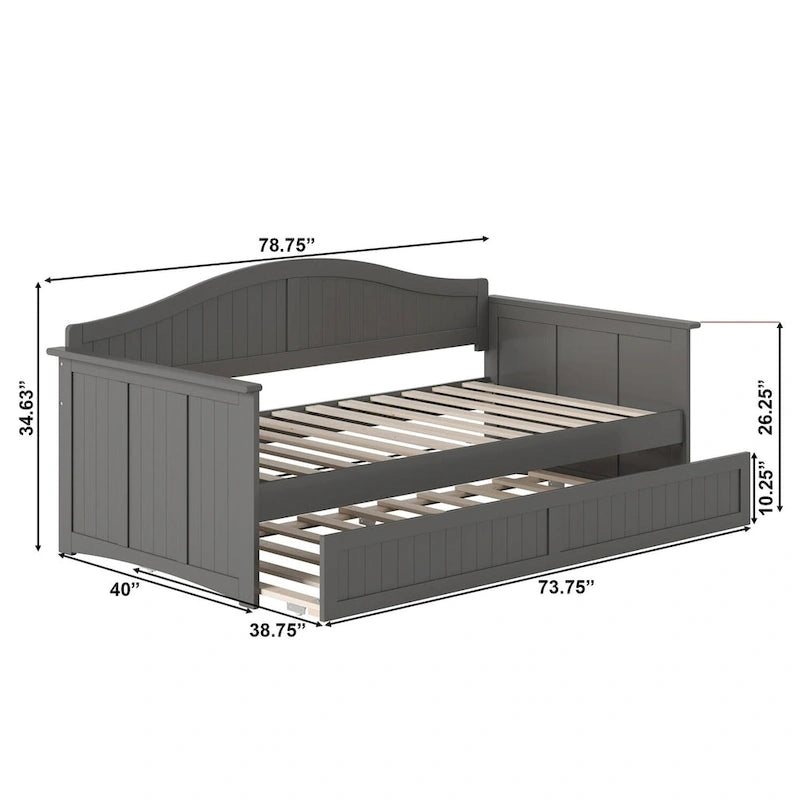 Lit de repos jumeau avec lit gigogne, bois massif, blanc / noyer / gris / caramel clair, 2 couchages