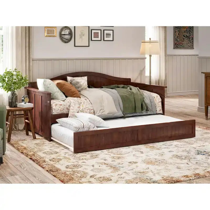 Lit de repos jumeau avec lit gigogne, bois massif, blanc / noyer / gris / caramel clair, 2 couchages