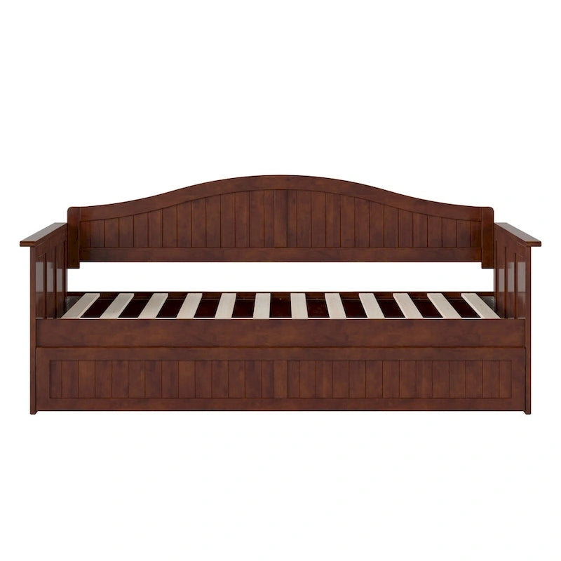 Lit de repos jumeau avec lit gigogne, bois massif, blanc / noyer / gris / caramel clair, 2 couchages
