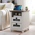 Bois de grange récupéré / Chêne rustique clair et foncé / Blanc antique — Table de chevet carrée avec station de recharge, 2 tiroirs