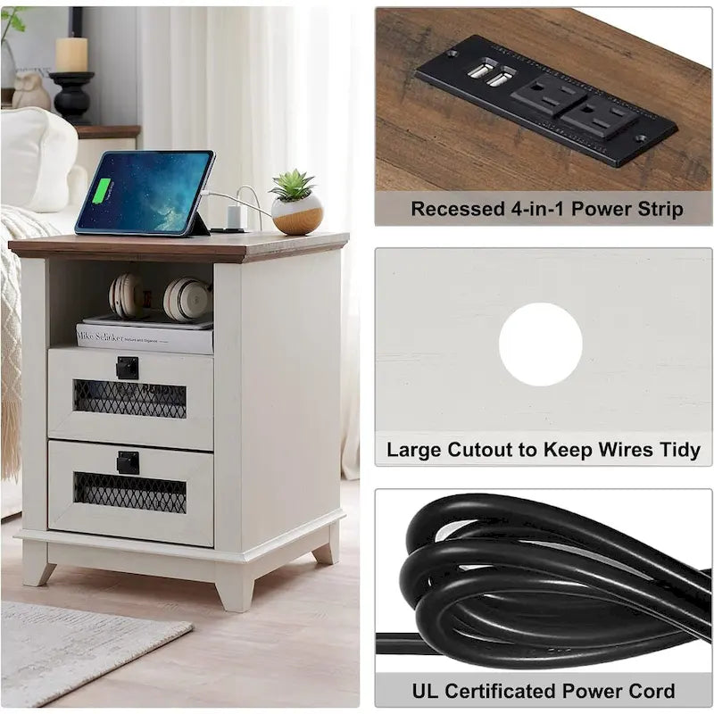 Bois de grange récupéré / Chêne rustique clair et foncé / Blanc antique — Table de chevet carrée avec station de recharge, 2 tiroirs