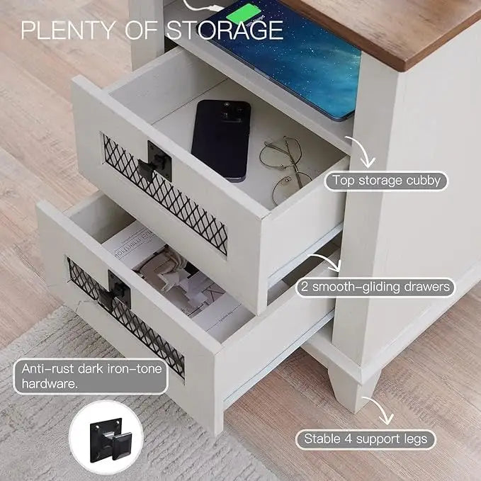 Bois de grange récupéré / Chêne rustique clair et foncé / Blanc antique — Table de chevet carrée avec station de recharge, 2 tiroirs
