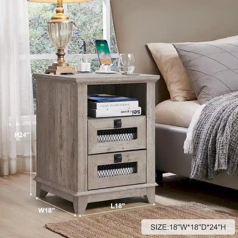 Bois de grange récupéré / Chêne rustique clair et foncé / Blanc antique — Table de chevet carrée avec station de recharge, 2 tiroirs