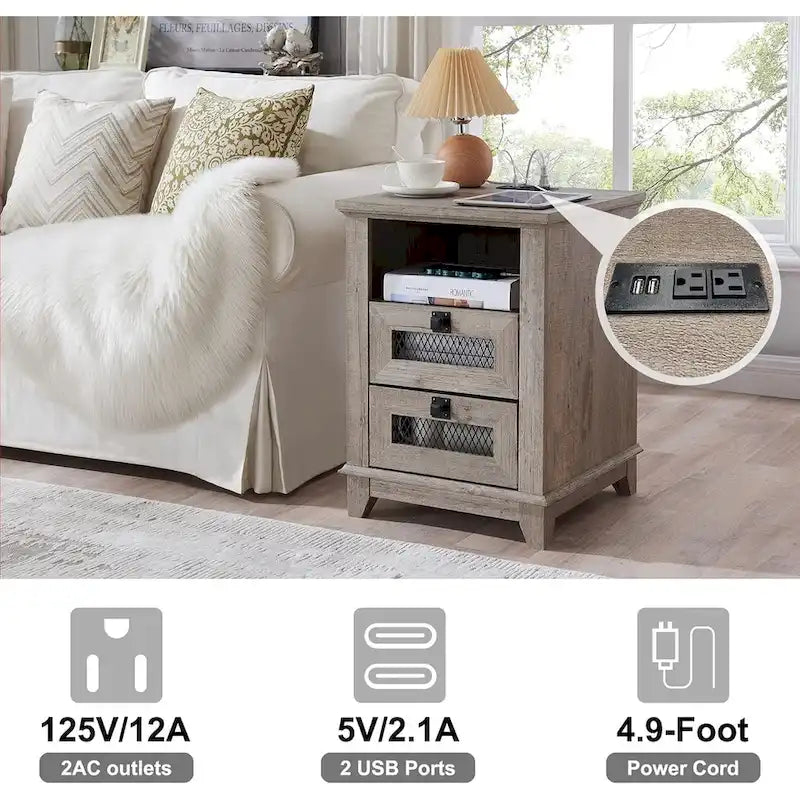 Bois de grange récupéré / Chêne rustique clair et foncé / Blanc antique — Table de chevet carrée avec station de recharge, 2 tiroirs