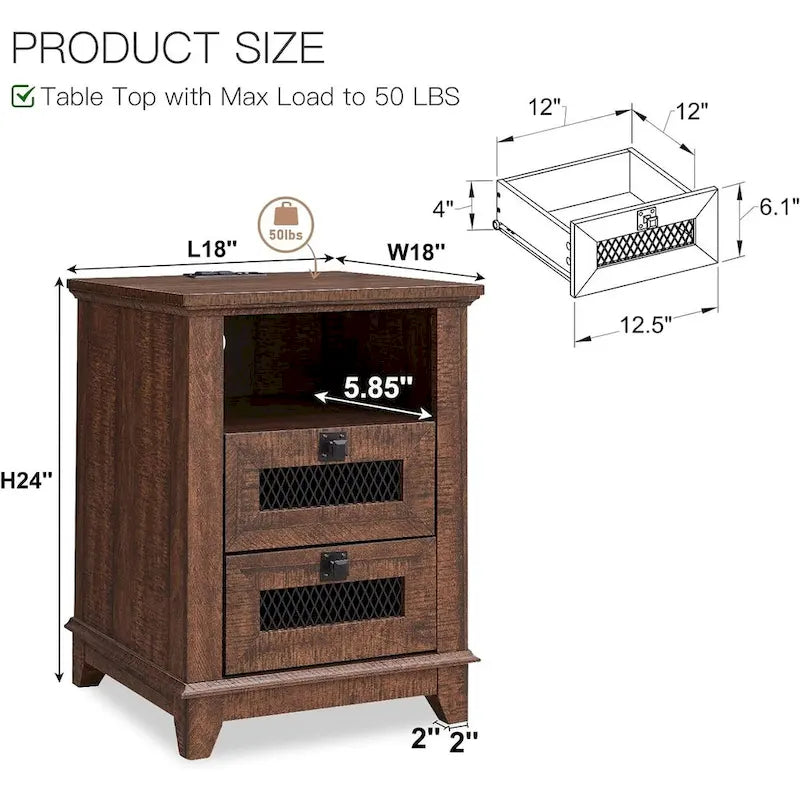 Bois de grange récupéré / Chêne rustique clair et foncé / Blanc antique — Table de chevet carrée avec station de recharge, 2 tiroirs