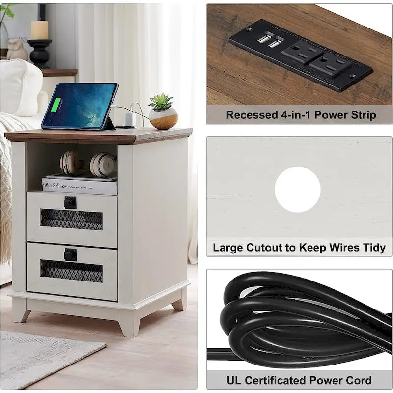 Bois de grange récupéré / Chêne rustique clair et foncé / Blanc antique — Table de chevet carrée avec station de recharge, 2 tiroirs