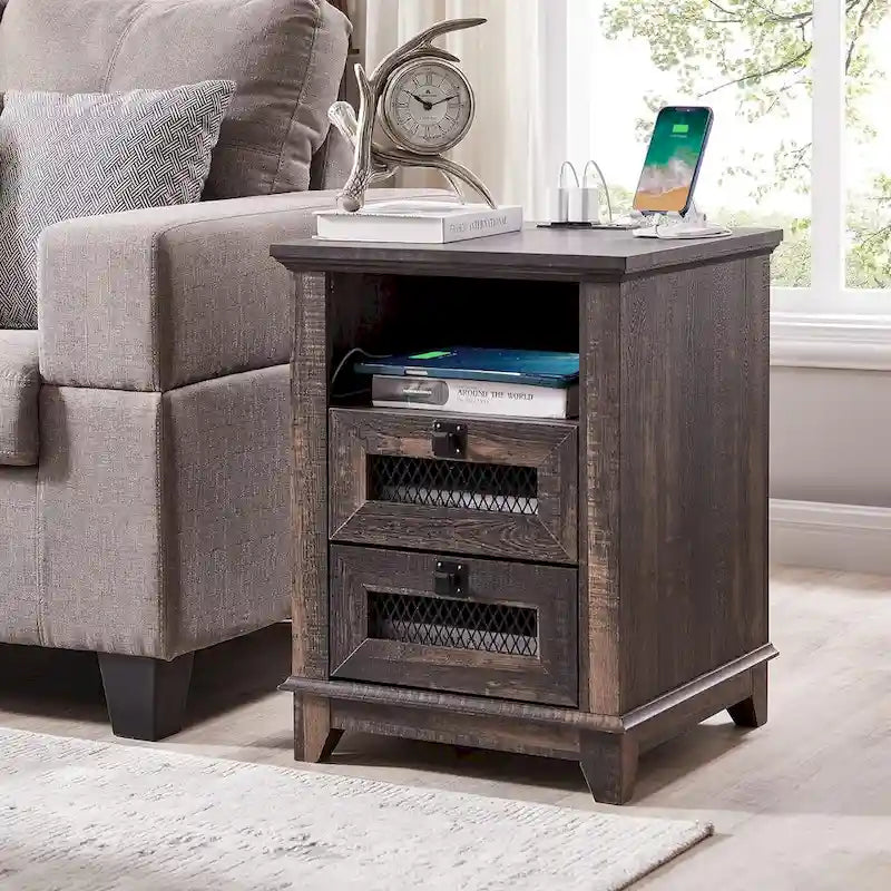 Bois de grange récupéré / Chêne rustique clair et foncé / Blanc antique — Table de chevet carrée avec station de recharge, 2 tiroirs