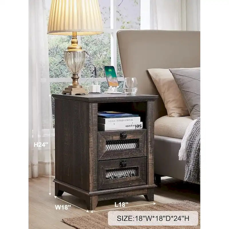 Bois de grange récupéré / Chêne rustique clair et foncé / Blanc antique — Table de chevet carrée avec station de recharge, 2 tiroirs