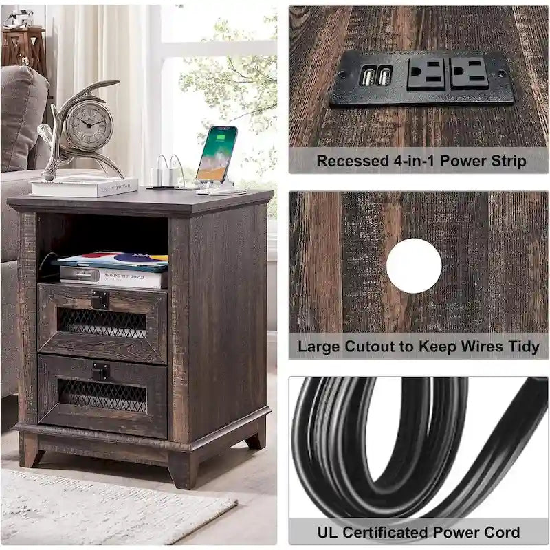 Bois de grange récupéré / Chêne rustique clair et foncé / Blanc antique — Table de chevet carrée avec station de recharge, 2 tiroirs