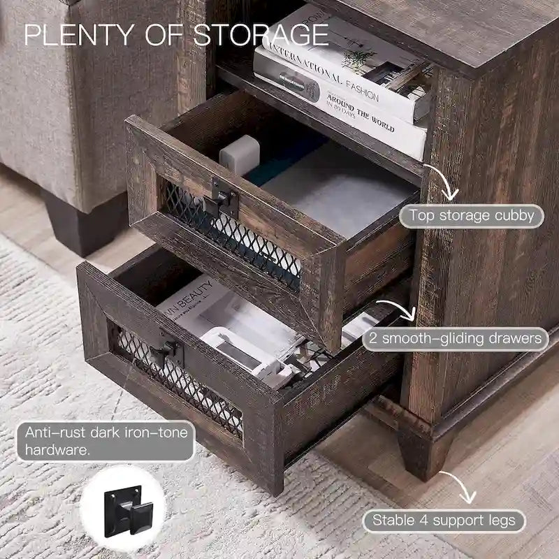 Bois de grange récupéré / Chêne rustique clair et foncé / Blanc antique — Table de chevet carrée avec station de recharge, 2 tiroirs
