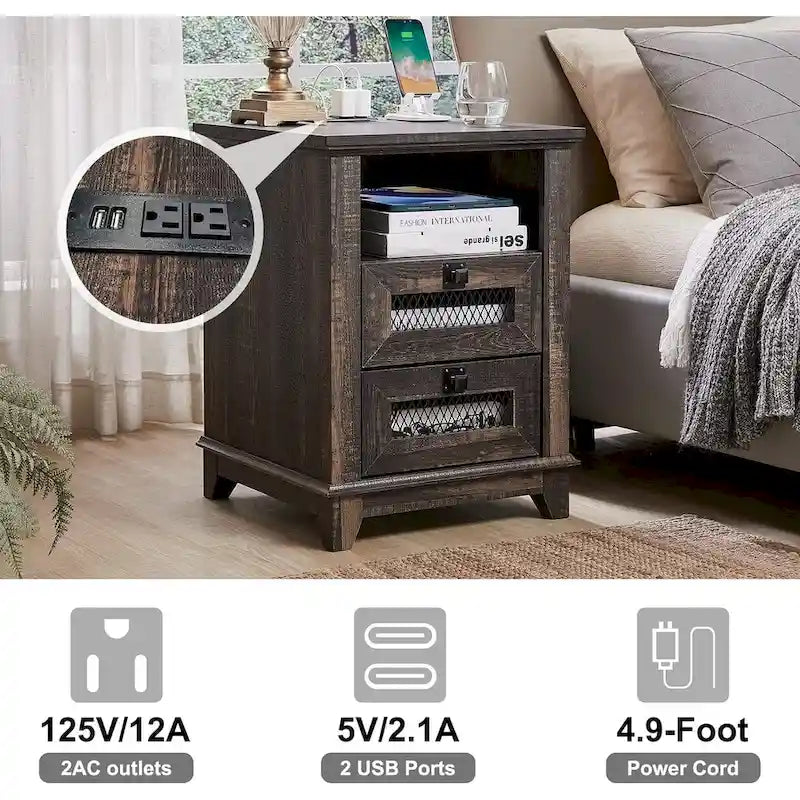 Bois de grange récupéré / Chêne rustique clair et foncé / Blanc antique — Table de chevet carrée avec station de recharge, 2 tiroirs