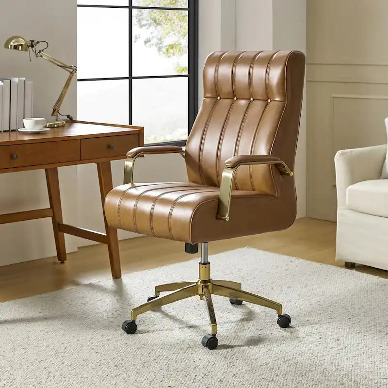 Chaise de bureau pivotante en cuir PU au design Mid-Century Modern, 1 place, coloris Camel/Marron/Noir/Vert/Ivoire/Bleu Marine