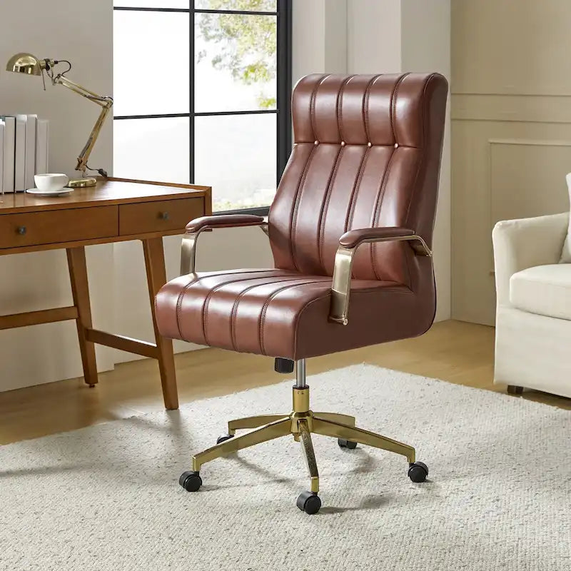 Chaise de bureau pivotante en cuir PU au design Mid-Century Modern, 1 place, coloris Camel/Marron/Noir/Vert/Ivoire/Bleu Marine