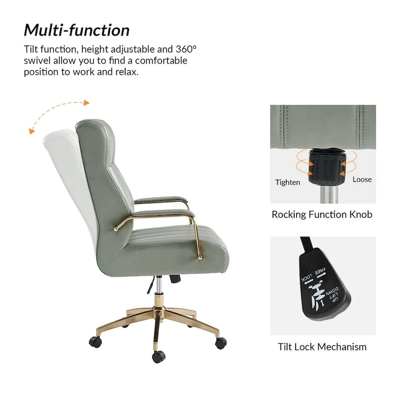 Chaise de bureau pivotante en cuir PU au design Mid-Century Modern, 1 place, coloris Camel/Marron/Noir/Vert/Ivoire/Bleu Marine