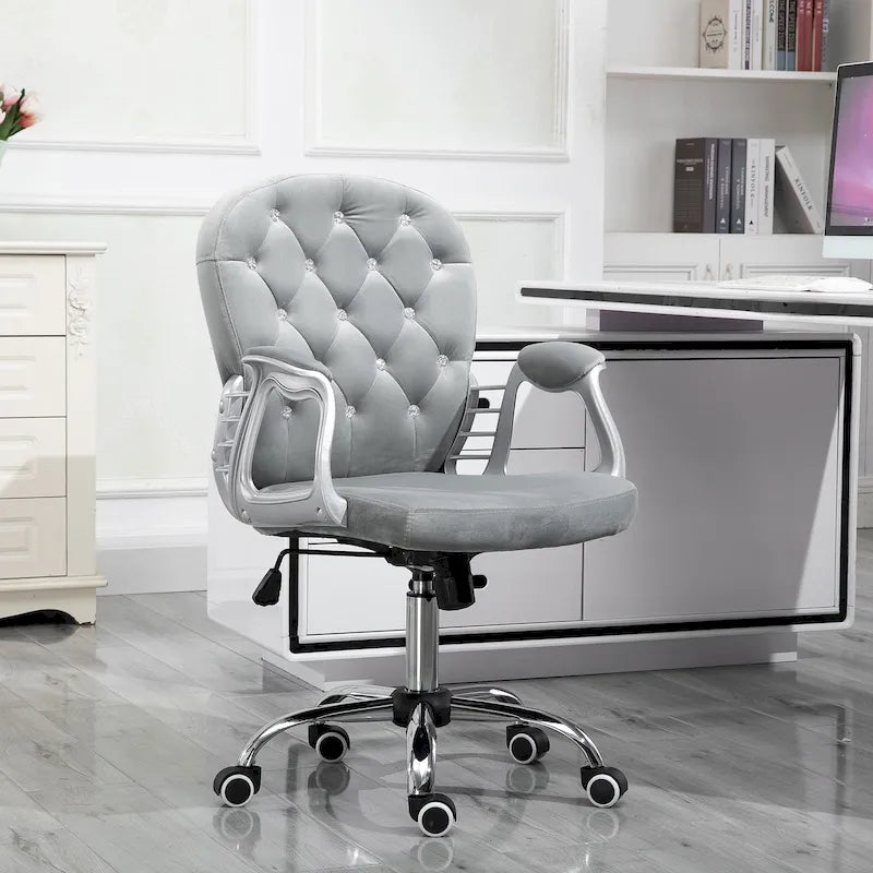 Chaise de bureau pivotante mi-dossier capitonnée en velours – Gris/Noir/Beige/Blanc/Rose, Individuelle