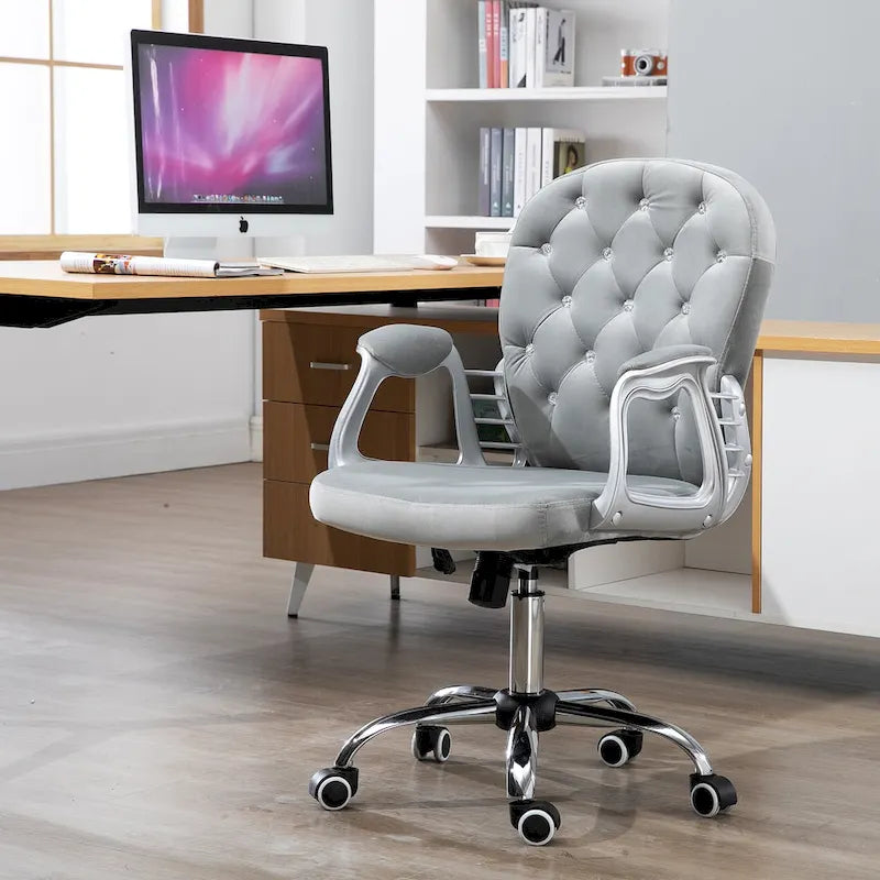 Chaise de bureau pivotante mi-dossier capitonnée en velours – Gris/Noir/Beige/Blanc/Rose, Individuelle